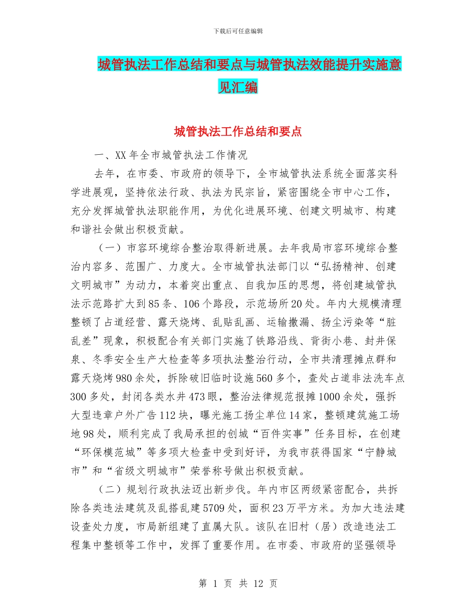 城管执法工作总结和要点与城管执法效能提升实施意见汇编_第1页