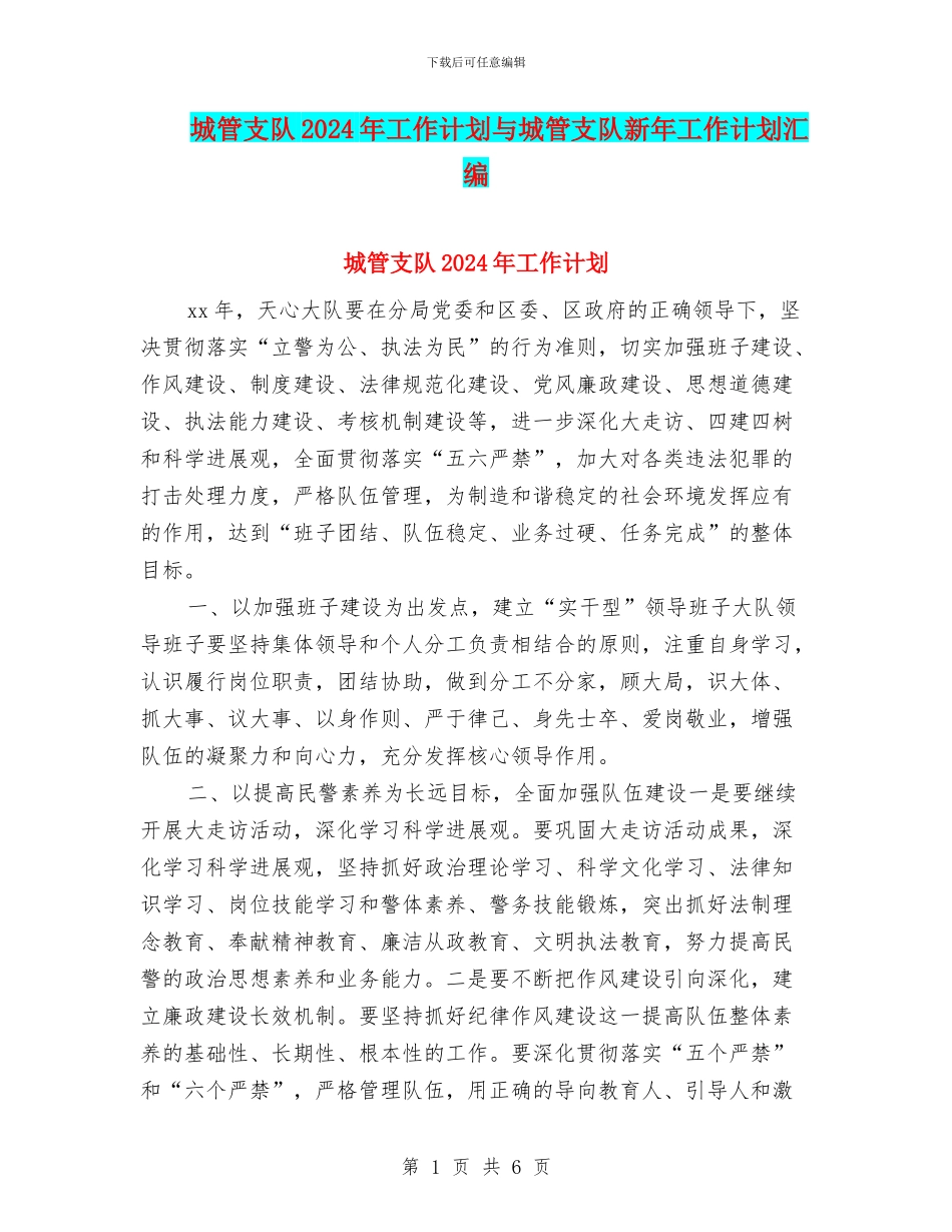 城管支队2024年工作计划与城管支队新年工作计划汇编_第1页