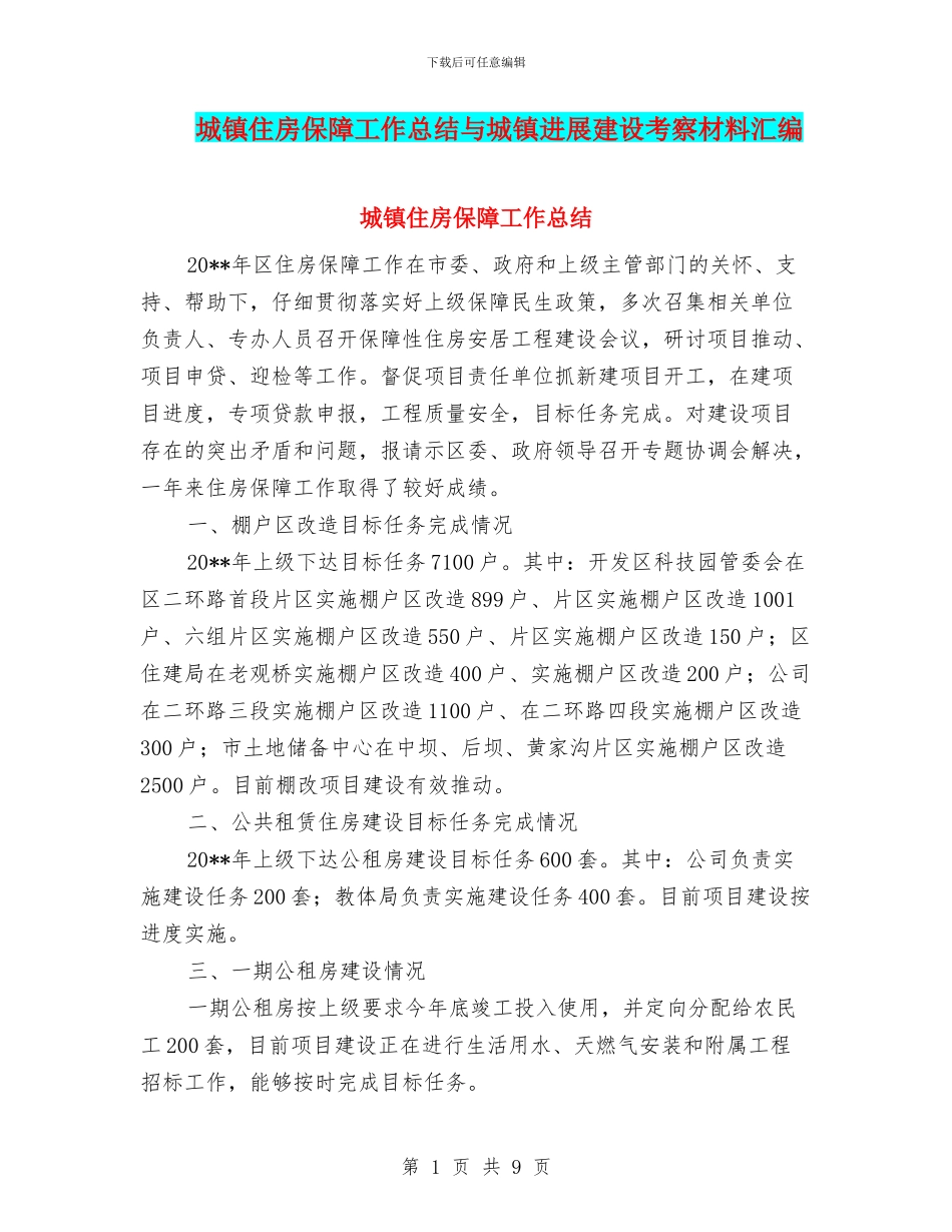 城镇住房保障工作总结与城镇发展建设考察材料汇编_第1页