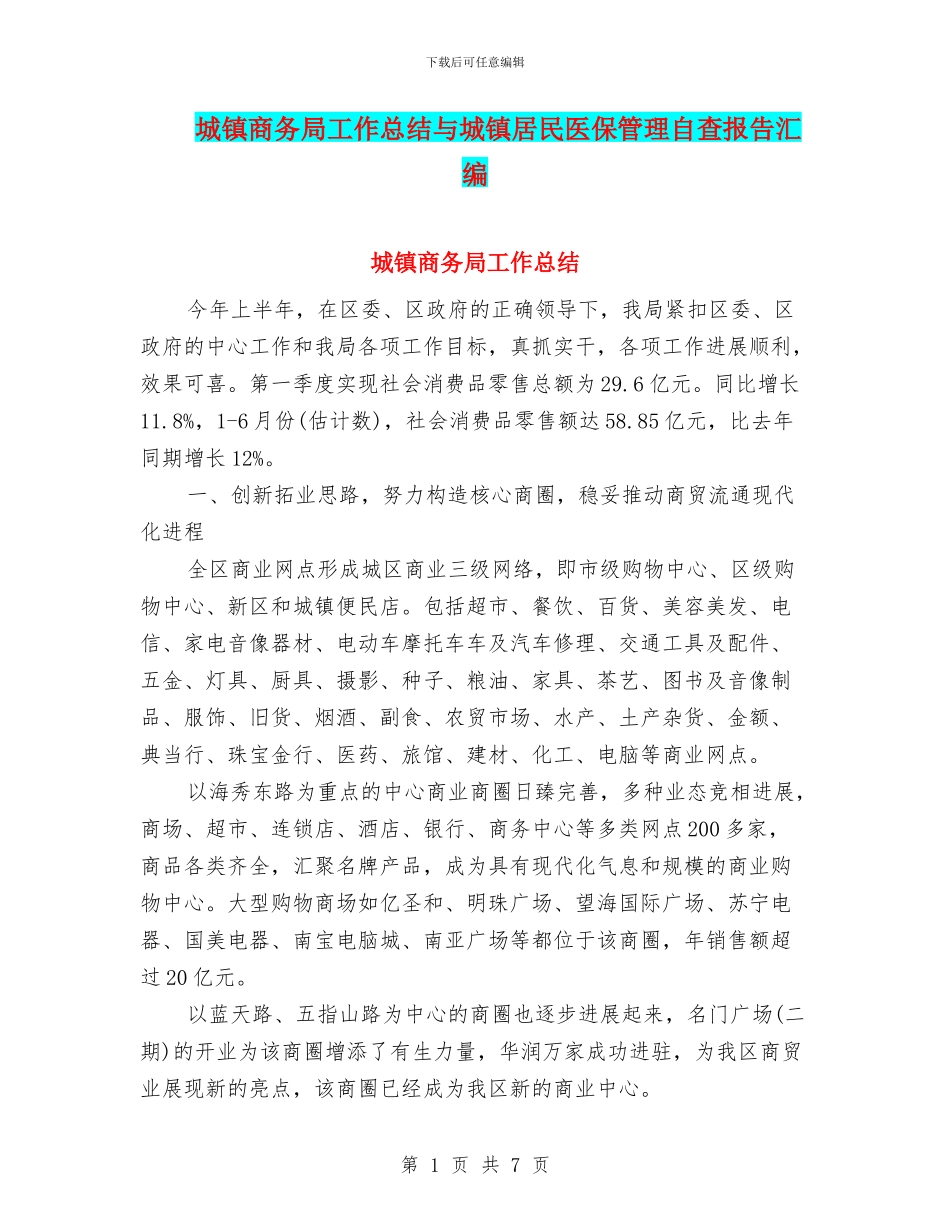 城镇商务局工作总结与城镇居民医保管理自查报告汇编_第1页
