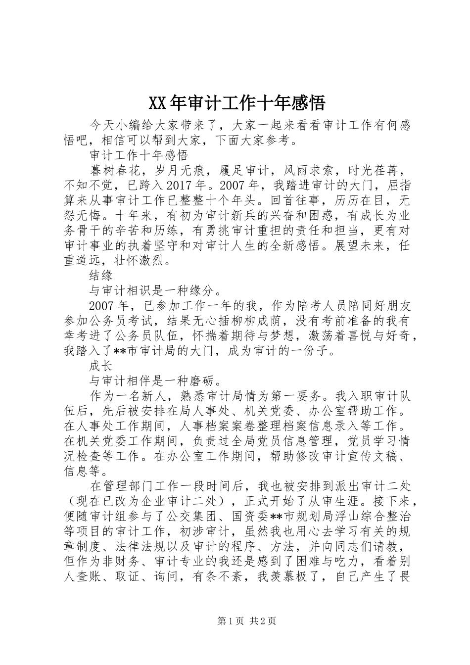 XX年审计工作十年感悟_第1页