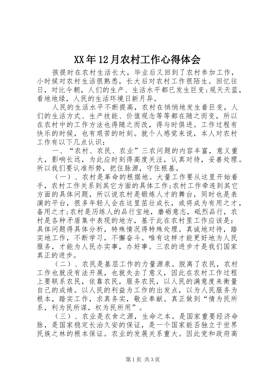 XX年12月农村工作心得体会_第1页