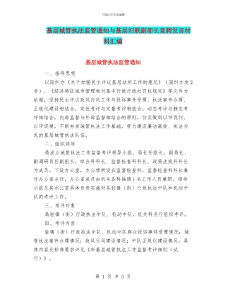 基层城管执法监管通知与基层妇联副部长竞聘发言材料汇编