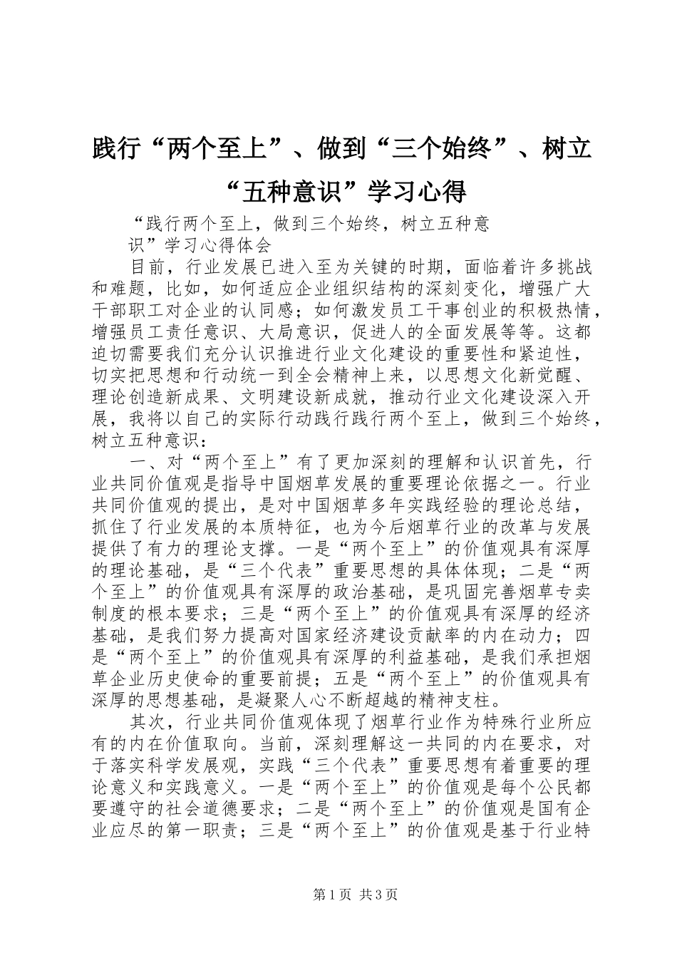 践行“两个至上”、做到“三个始终”、树立“五种意识”学习心得_第1页
