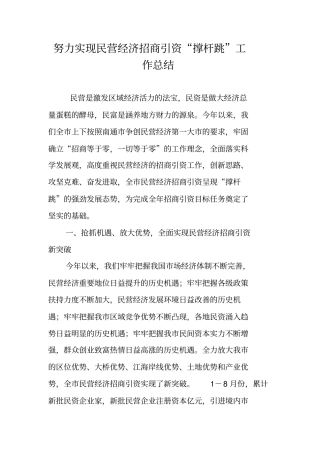 努力实现民营经济招商引资撑杆跳工作总结