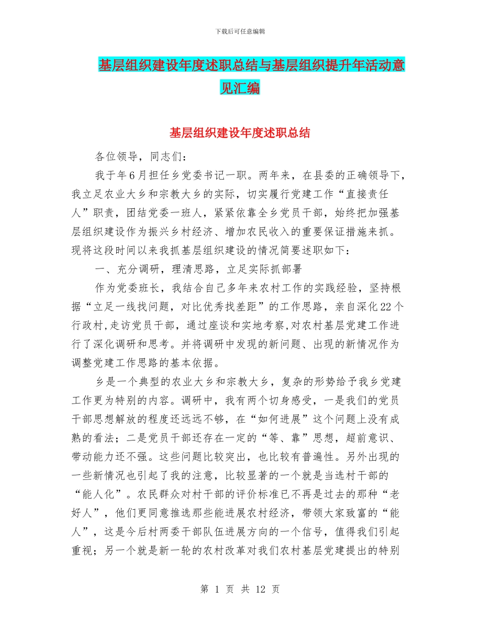 基层组织建设年度述职总结与基层组织提升年活动意见汇编_第1页