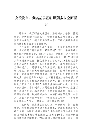交流发言：夯实基层基础+赋能乡村全面振兴