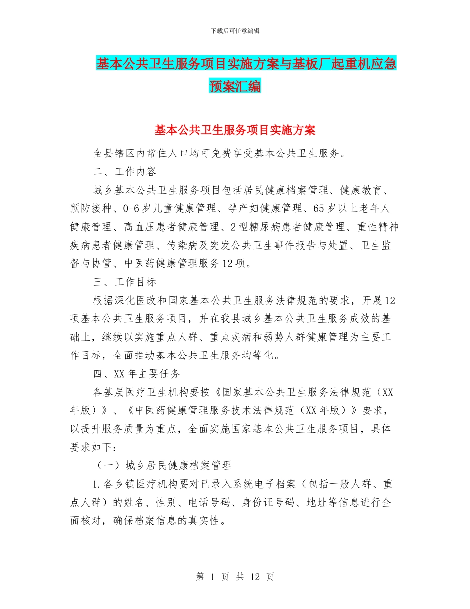 基本公共卫生服务项目实施方案与基板厂起重机应急预案汇编_第1页