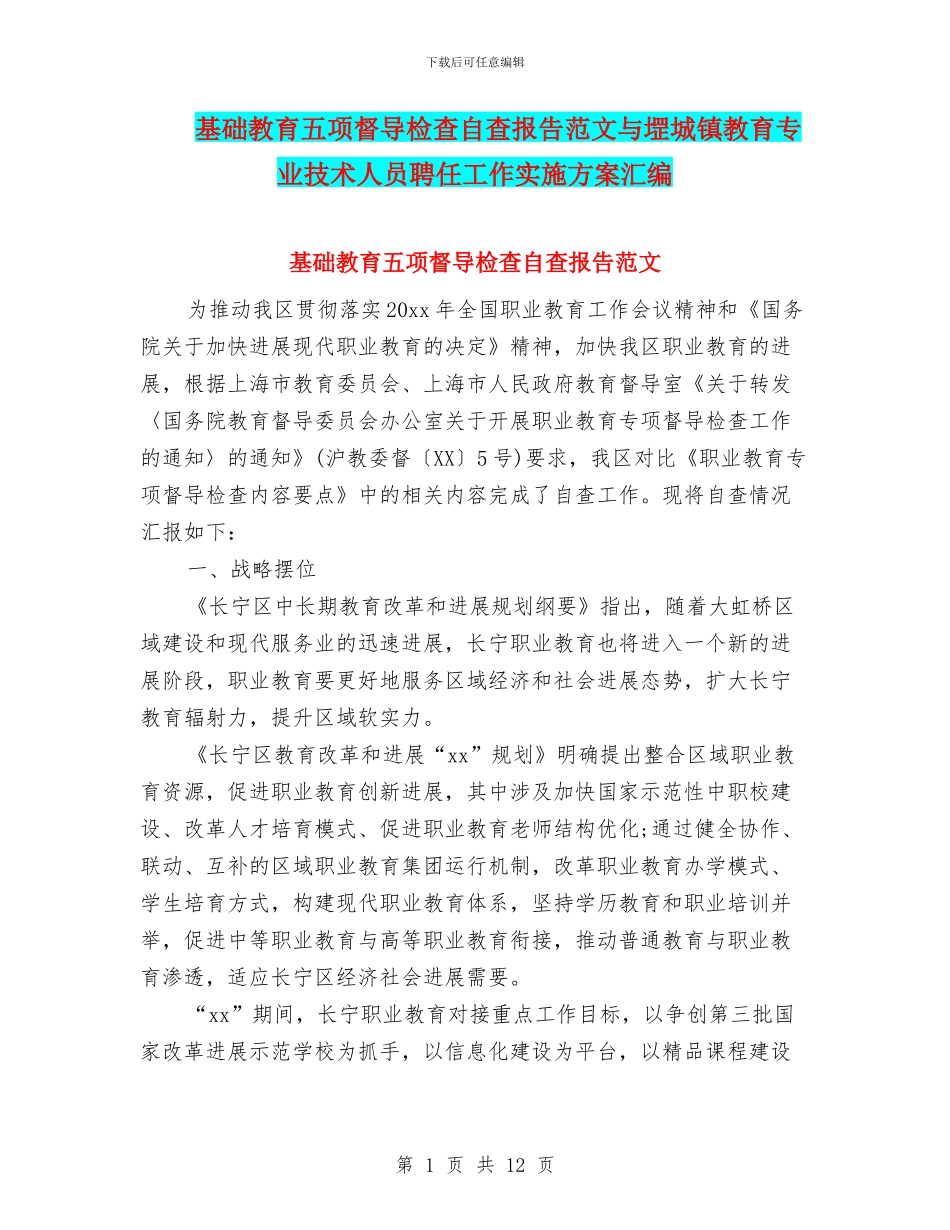 基础教育五项督导检查自查报告范文与堽城镇教育专业技术人员聘任工作实施方案汇编_第1页
