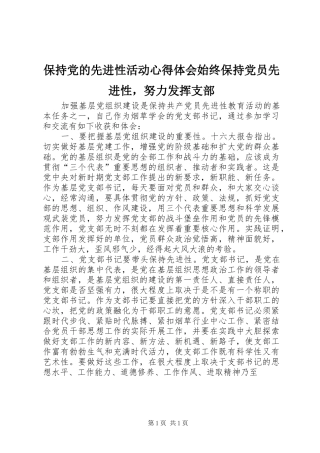 保持党的先进性活动心得体会始终保持党员先进性，努力发挥支部