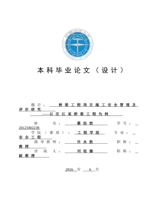 桥梁工程项目施工安全管理及评价研究--以汉江某桥梁工程为例蔡浩然