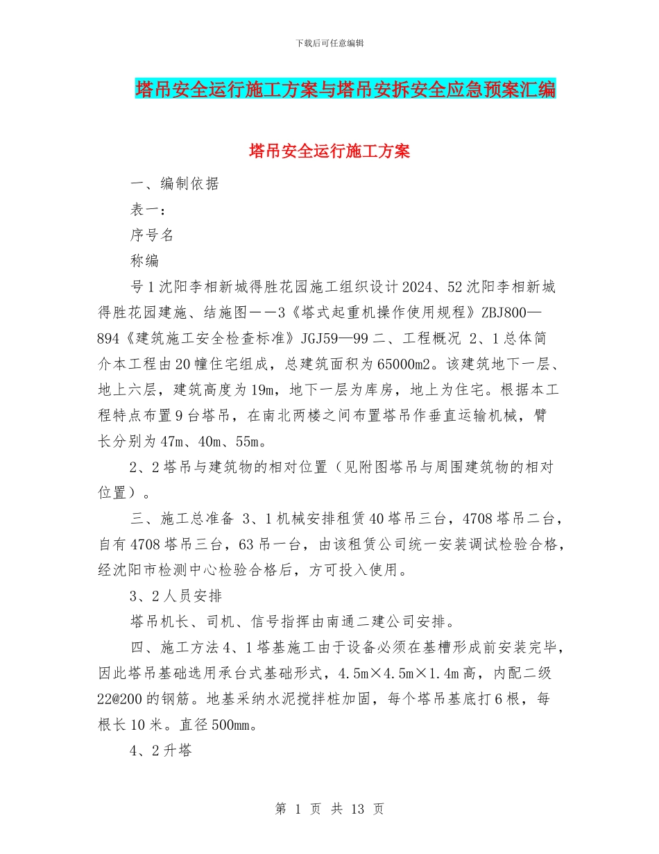 塔吊安全运行施工方案与塔吊安拆安全应急预案汇编_第1页