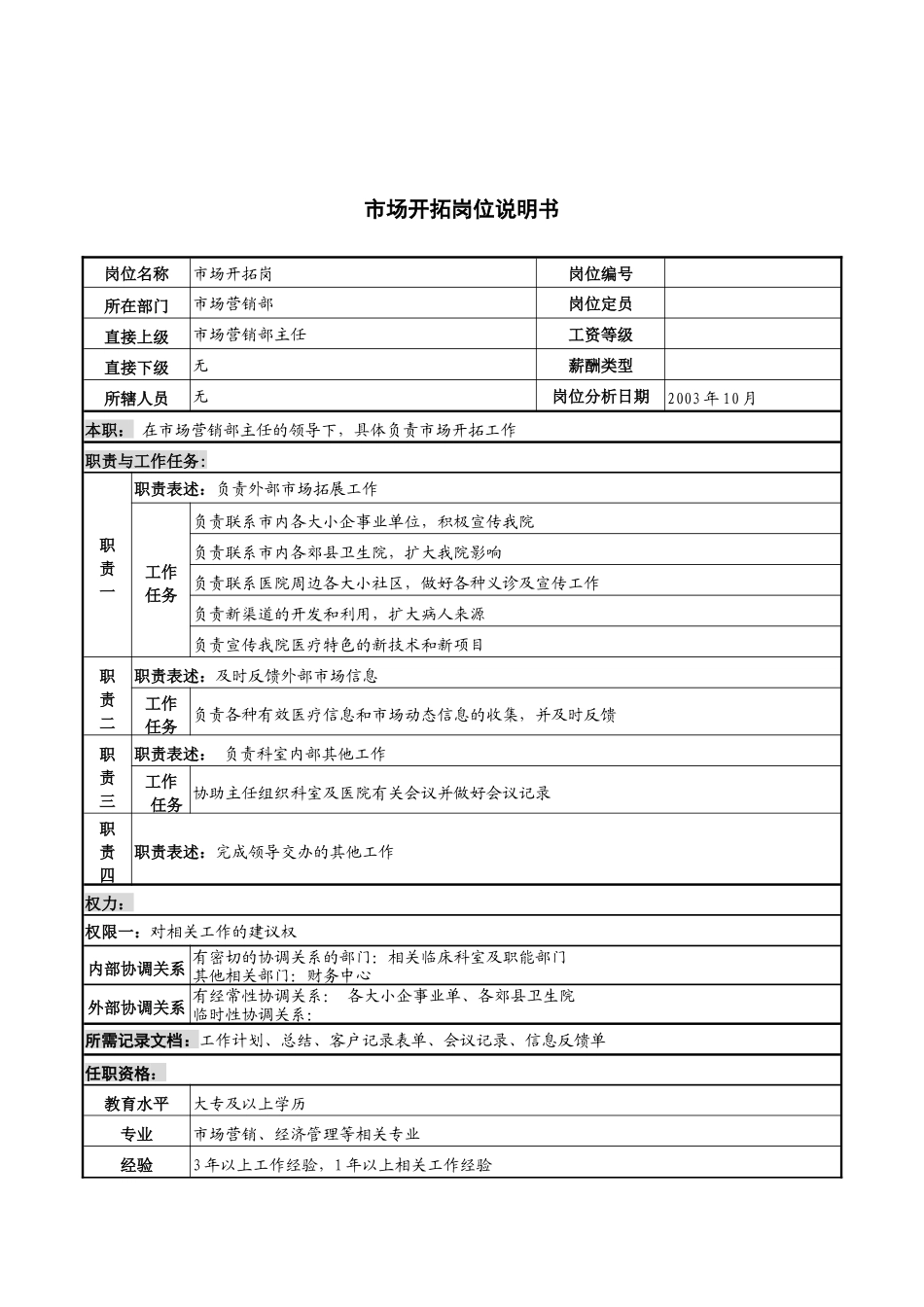 湖北新华医院市场营销部市场开拓岗位说明书_第1页