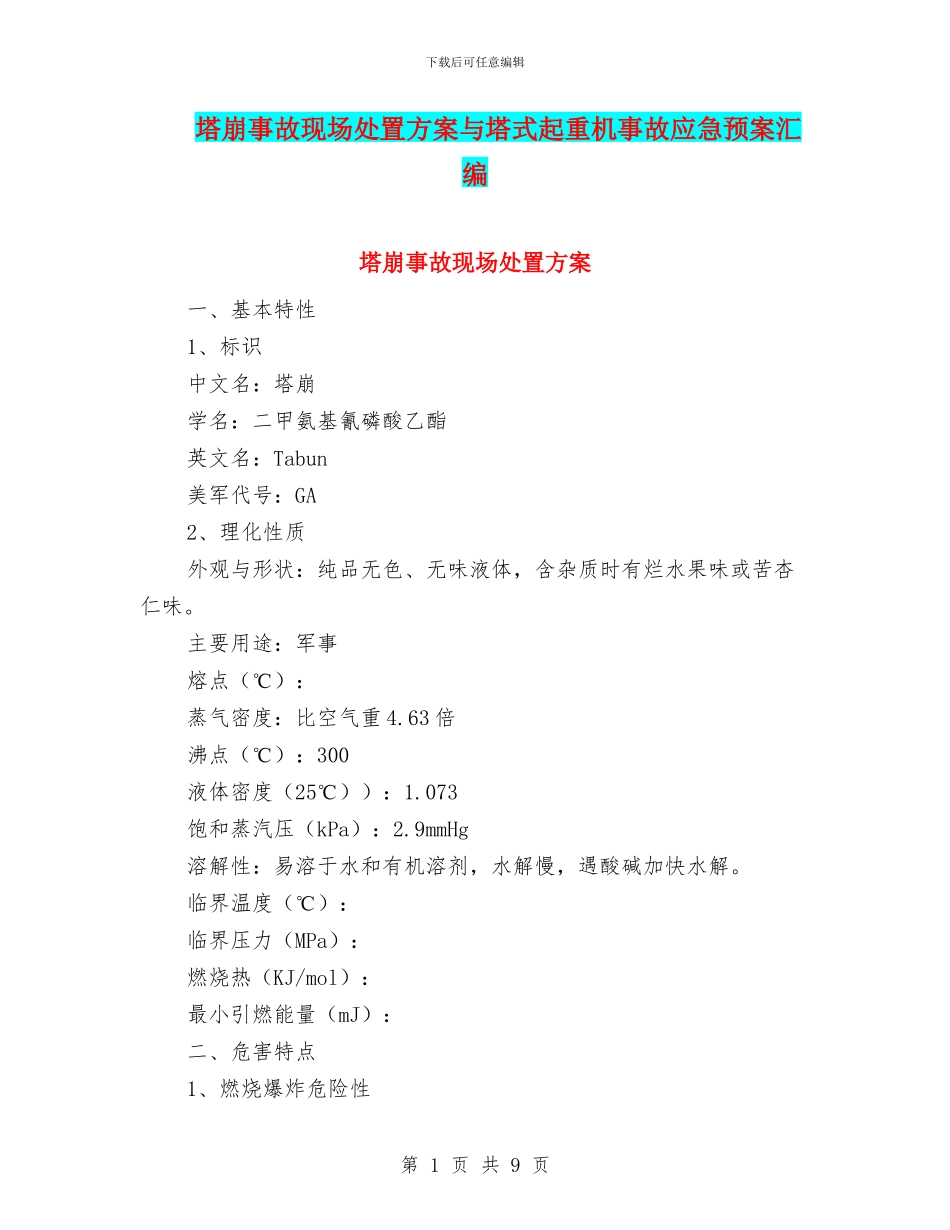 塔崩事故现场处置方案与塔式起重机事故应急预案汇编_第1页
