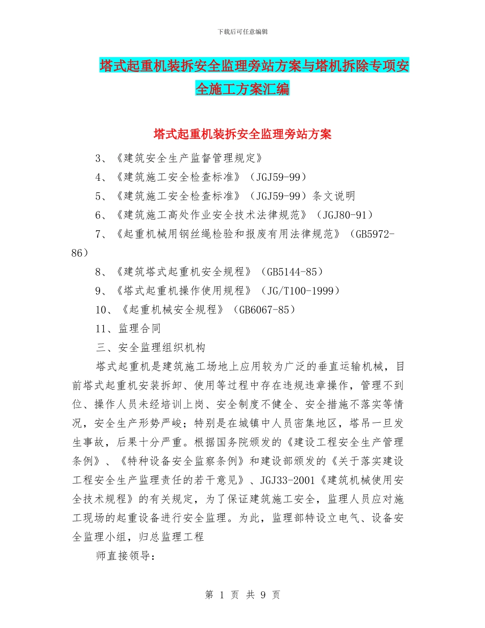 塔式起重机装拆安全监理旁站方案与塔机拆除专项安全施工方案汇编_第1页