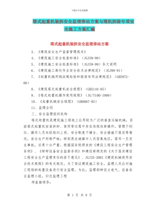 塔式起重机装拆安全监理旁站方案与塔机拆除专项安全施工方案汇编