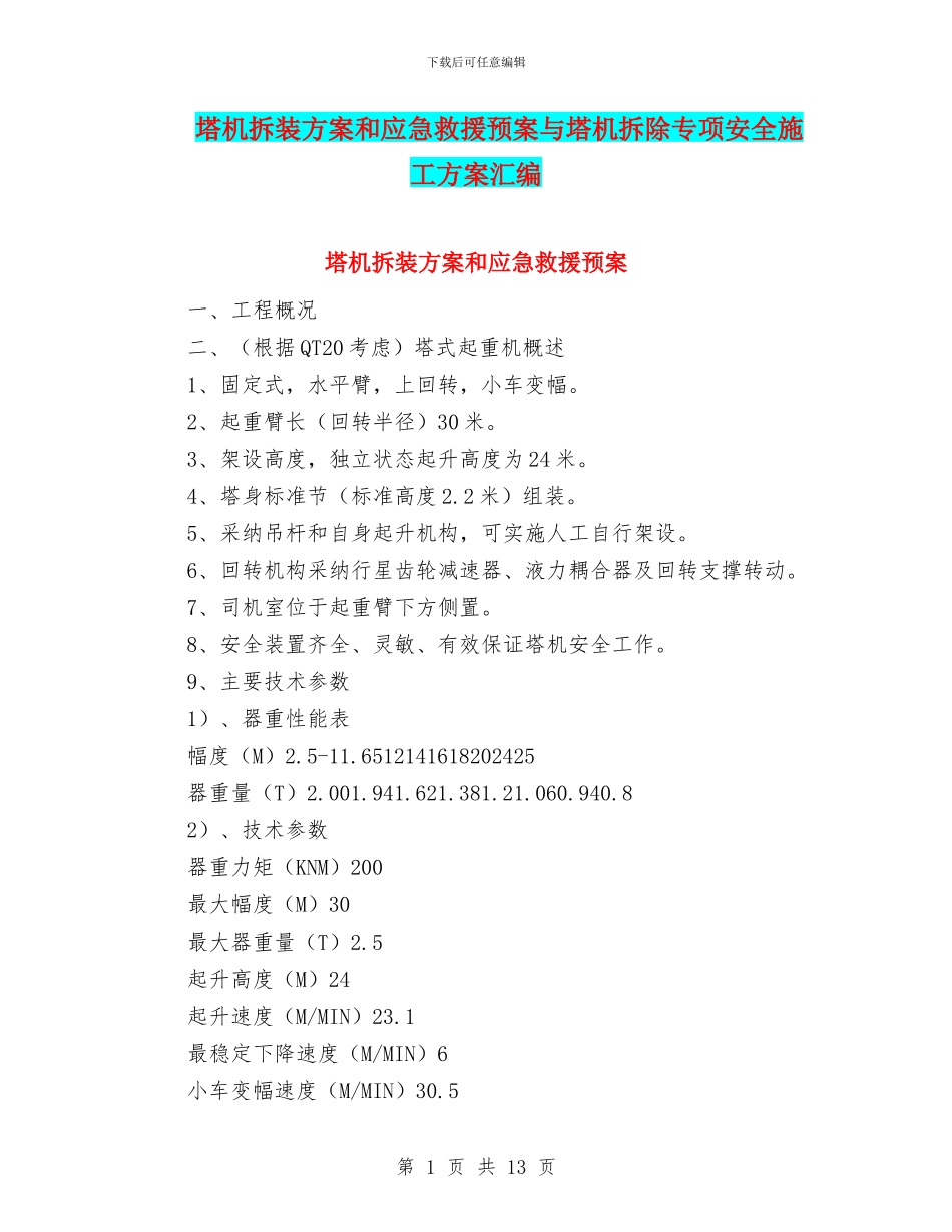 塔机拆装方案和应急救援预案与塔机拆除专项安全施工方案汇编_第1页