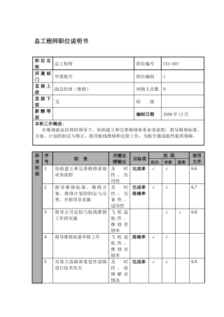 某航空物流公司总工程师职位说明书及关键绩效标准