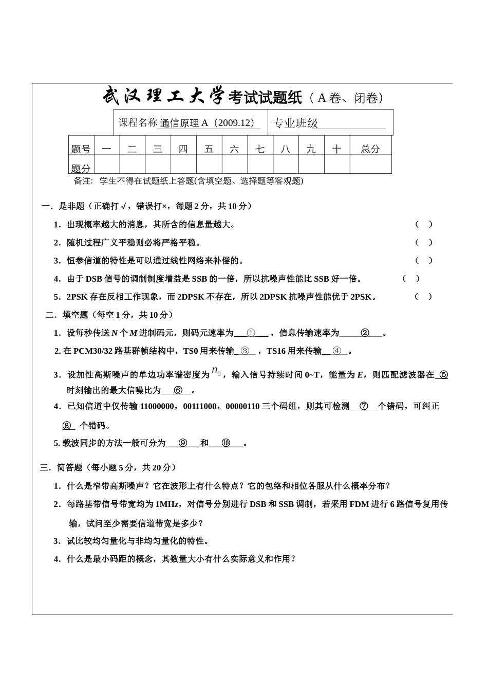 武汉理工大学 通信原理期末考试_第1页
