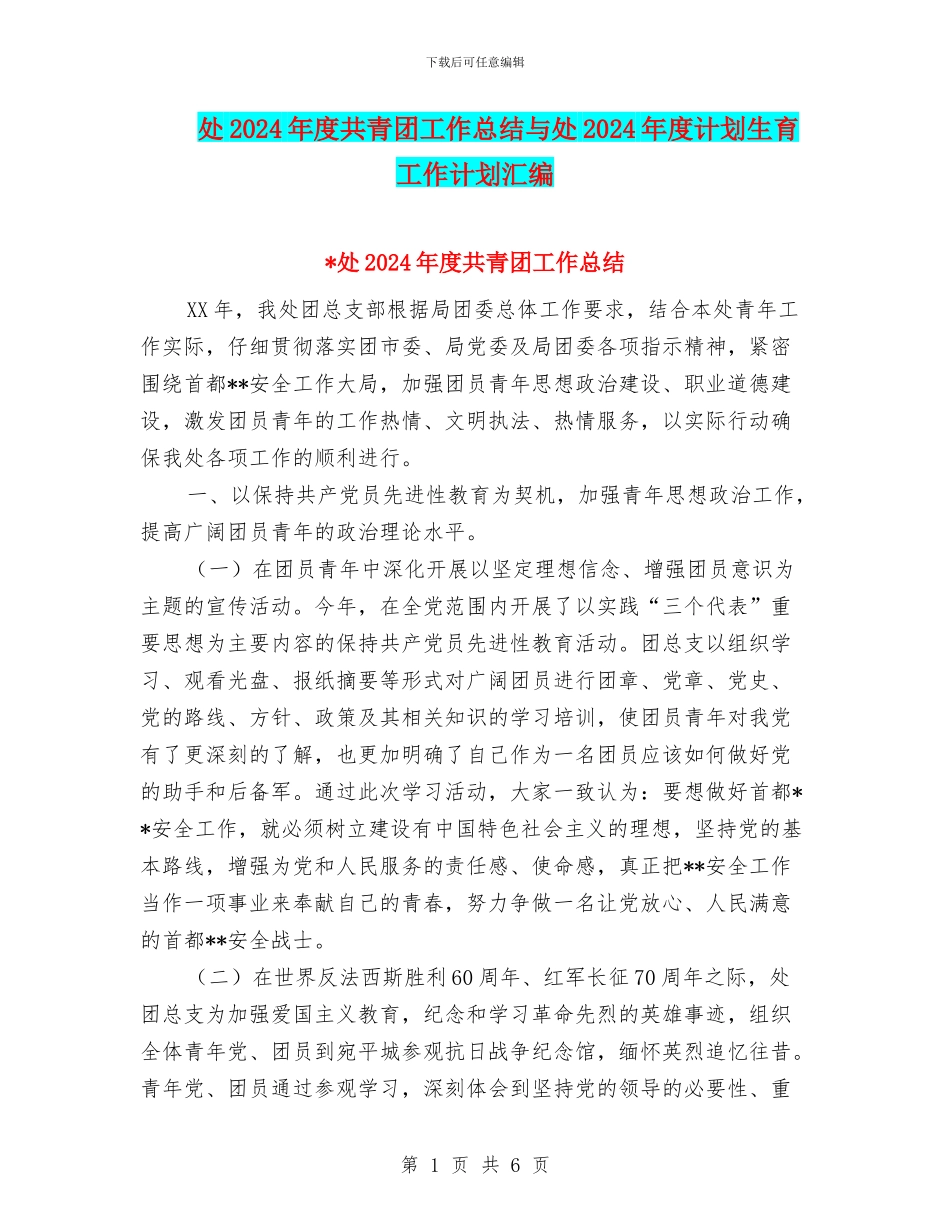 处2024年度共青团工作总结与处2024年度计划生育工作计划汇编_第1页