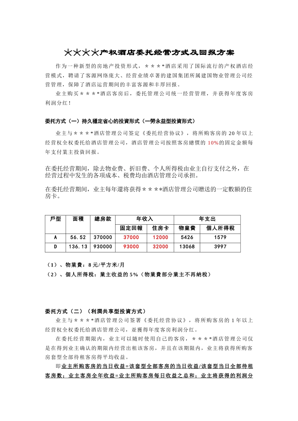 产权酒店委托经营方式及回报方案_第1页