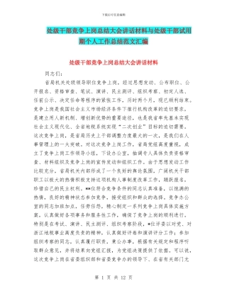 处级干部竞争上岗总结大会讲话材料与处级干部试用期个人工作总结范文汇编