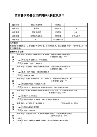 酒店餐饮部餐饮三部厨师长岗位说明书