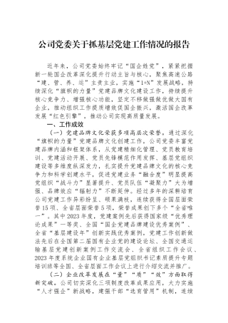 公司党委关于抓基层党建工作情况的报告