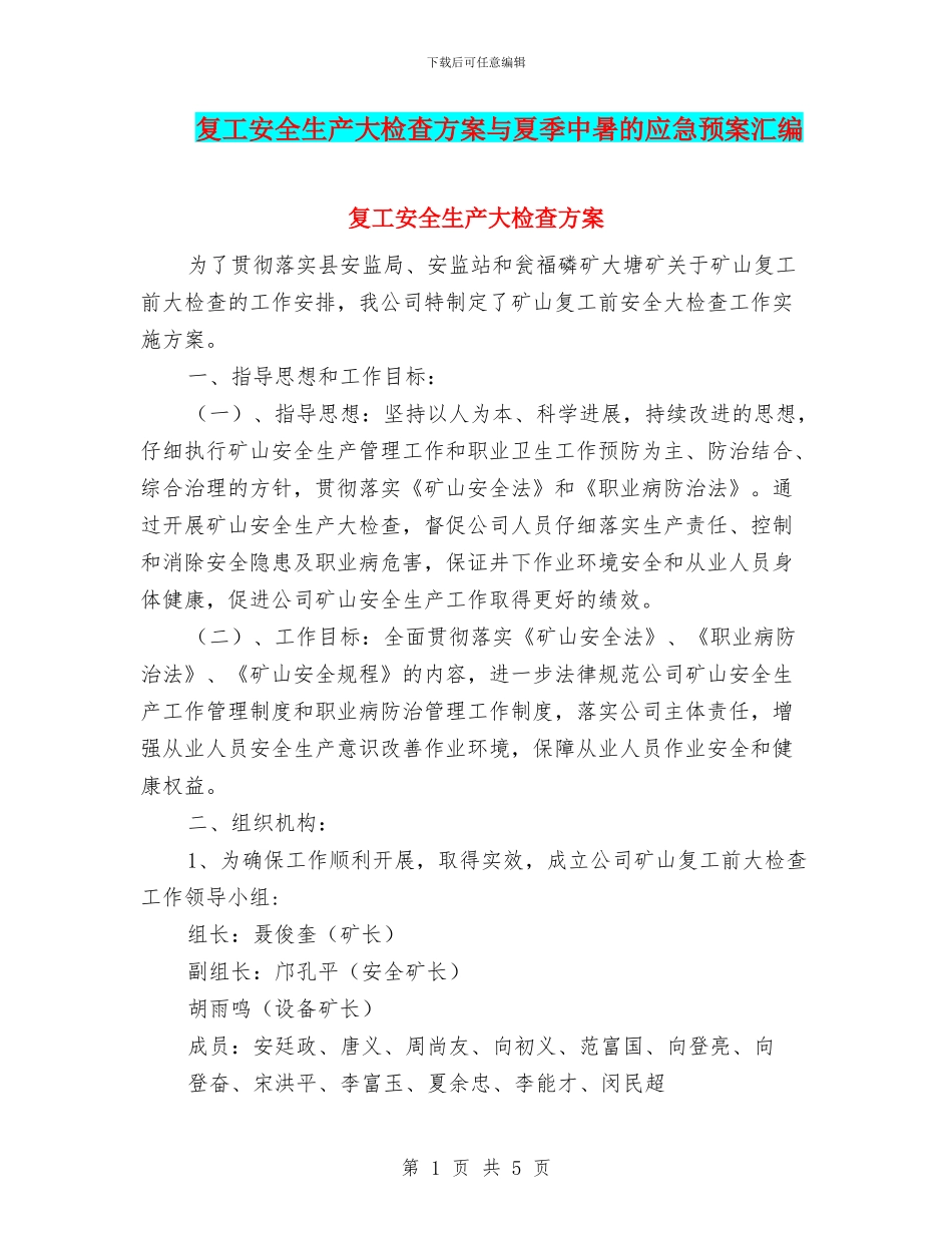 复工安全生产大检查方案与夏季中暑的应急预案汇编_第1页