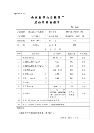 XXXX年成品酒检验报告