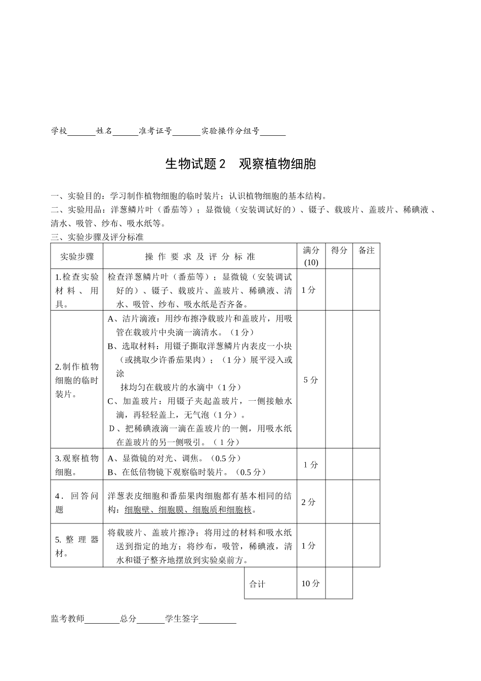 X年初中生物毕业实验会考试题及评分标准_第2页