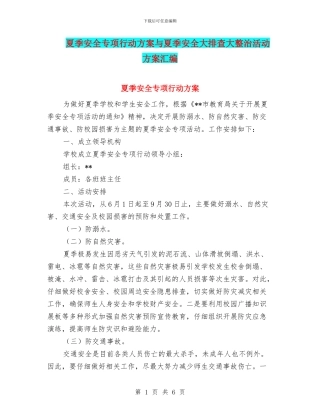 夏季安全专项行动方案与夏季安全大排查大整治活动方案汇编