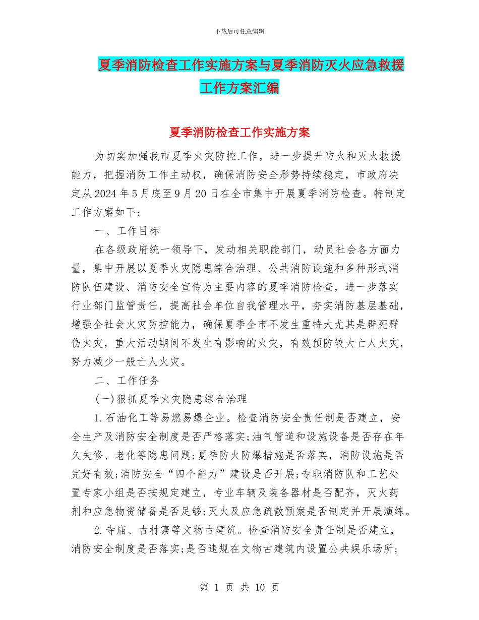 夏季消防检查工作实施方案与夏季消防灭火应急救援工作方案汇编_第1页