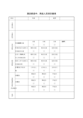 酒店新进中、高级人员资历量表