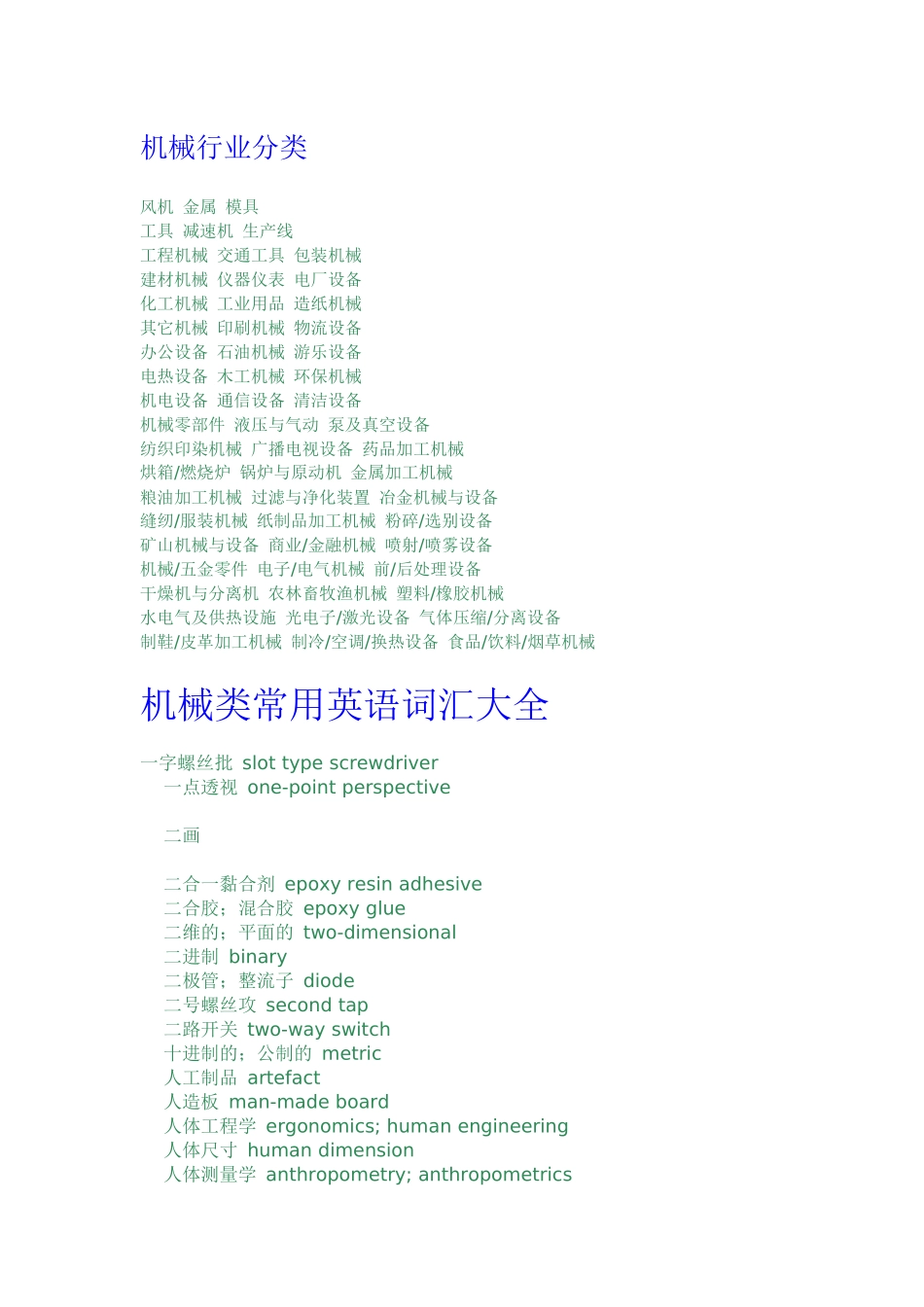机械行业分类英语词汇_第1页