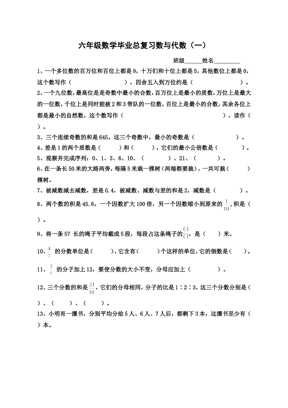 小学数学总复习数与代数练习题_第1页