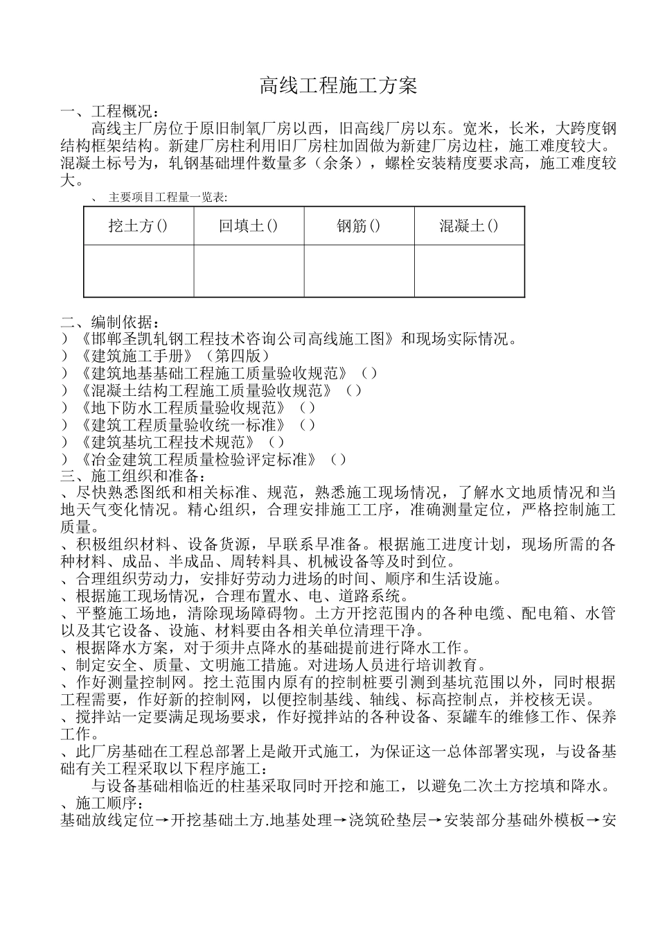 制氧厂房高线工程施工组织设计方案(DOC31页)_第1页