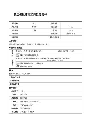 酒店餐饮部厨工岗位说明书