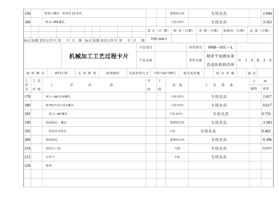 精密平面磨床垂直进给机构壳体机械加工工艺过程卡片_第2页