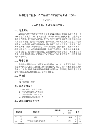 生物化学工程系农产品加工与贮藏工程专业（代码：097203）
