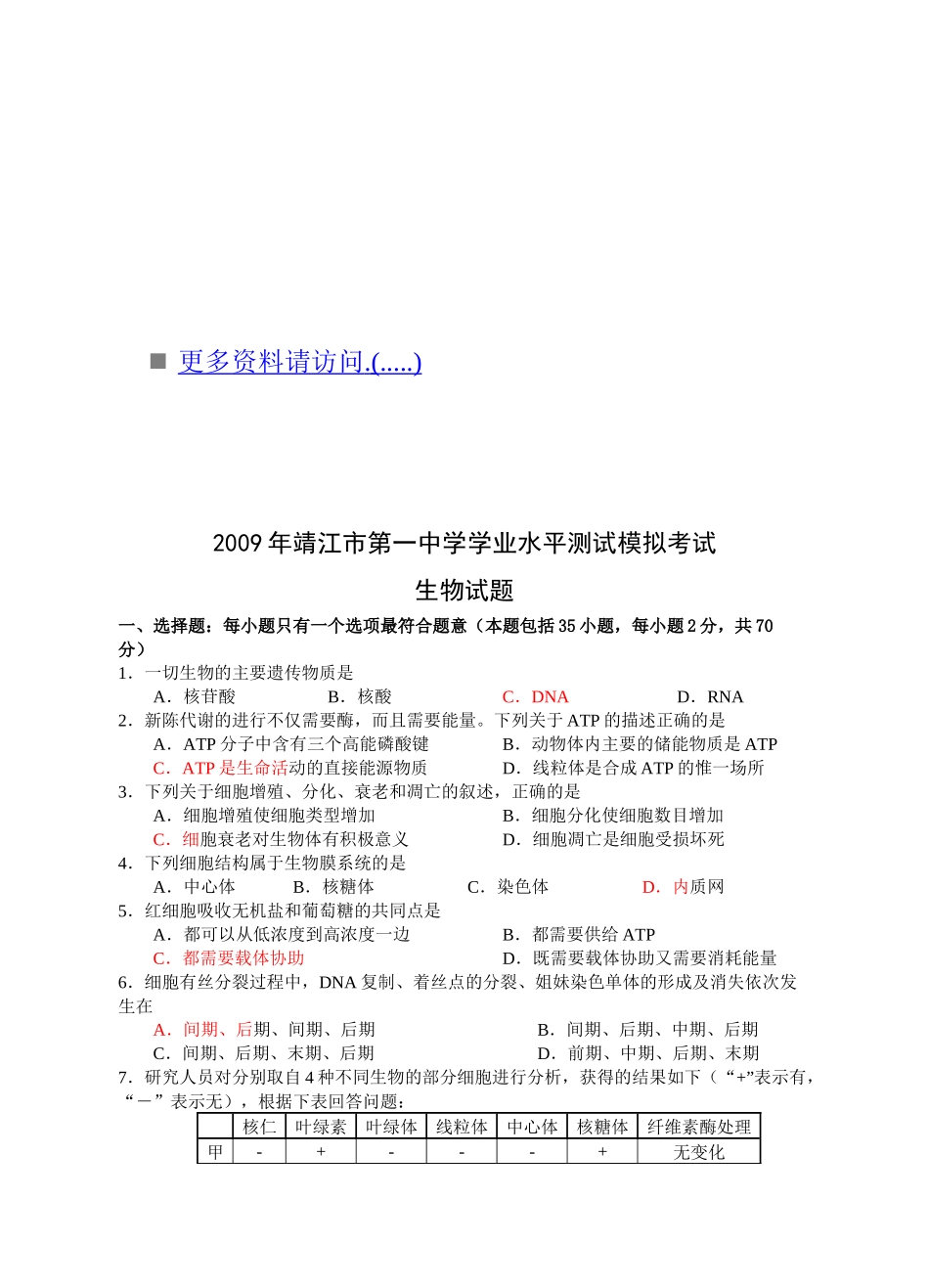 靖江市第一中学学业水平测试模拟考试之生物_第1页