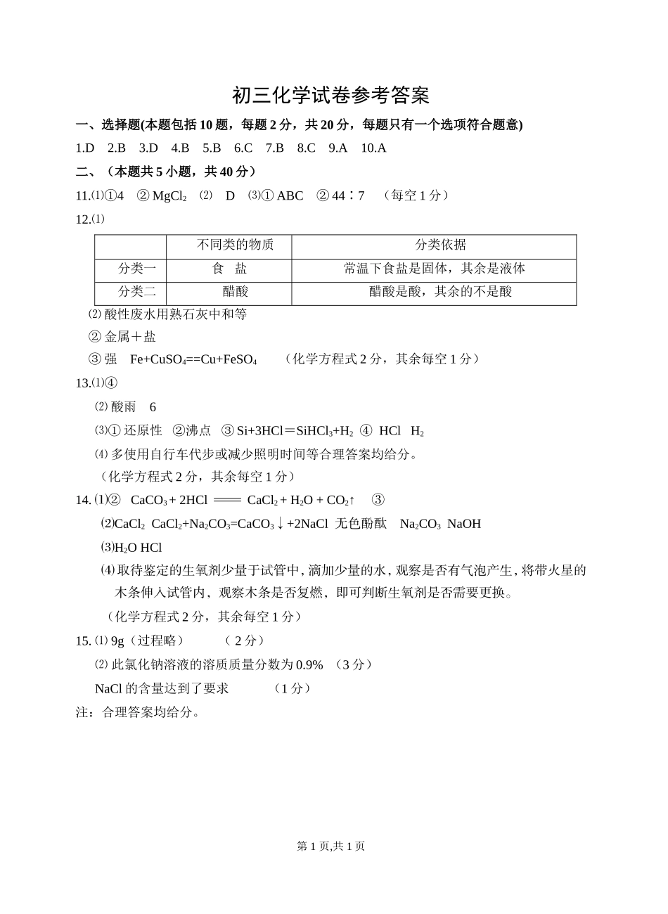 初三化学试卷参考答案_第1页