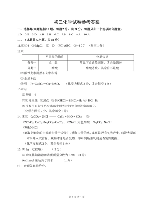 初三化学试卷参考答案