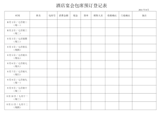 酒店宴会包席预订登记表