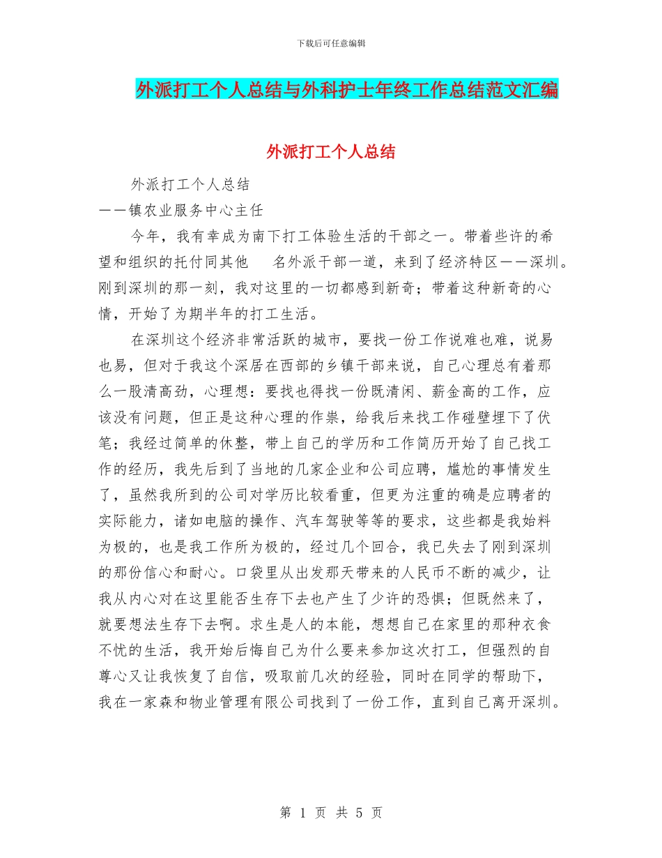 外派打工个人总结与外科护士年终工作总结范文汇编_第1页