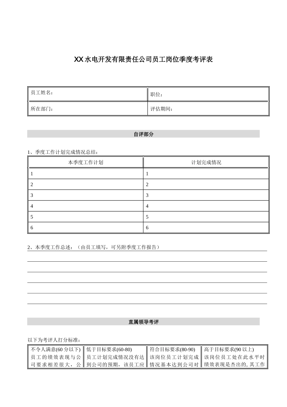 电力行业-员工岗位季度考评表_第1页