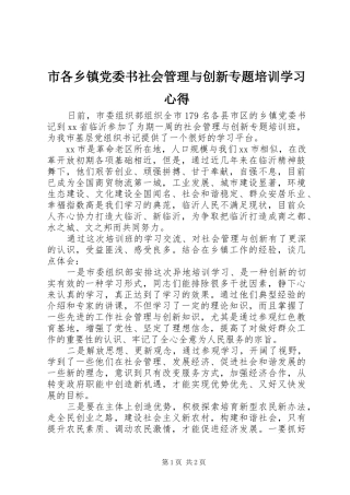 市各乡镇党委书社会管理与创新专题培训学习心得