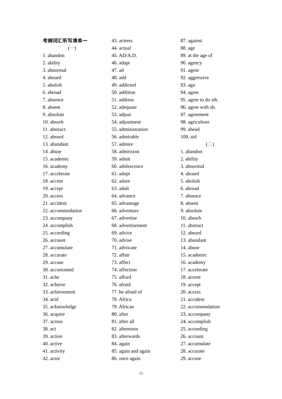 考纲词汇听写清单打印_第1页