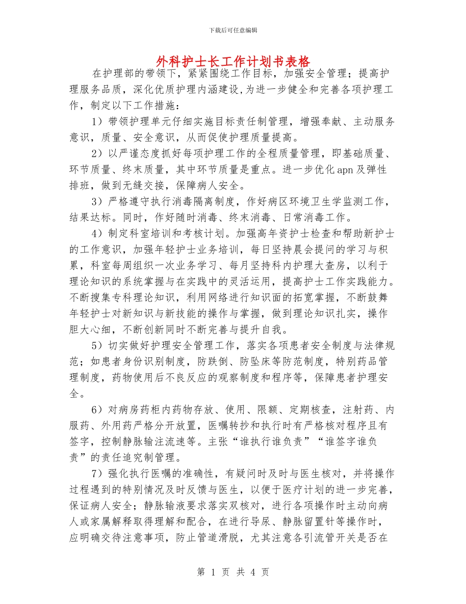 外科护士长工作计划书表格_第1页