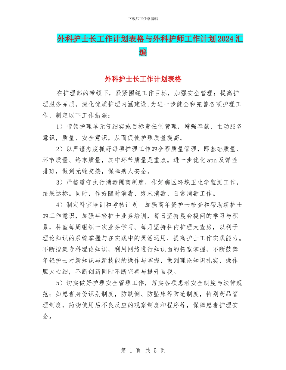 外科护士长工作计划表格与外科护师工作计划2024汇编_第1页